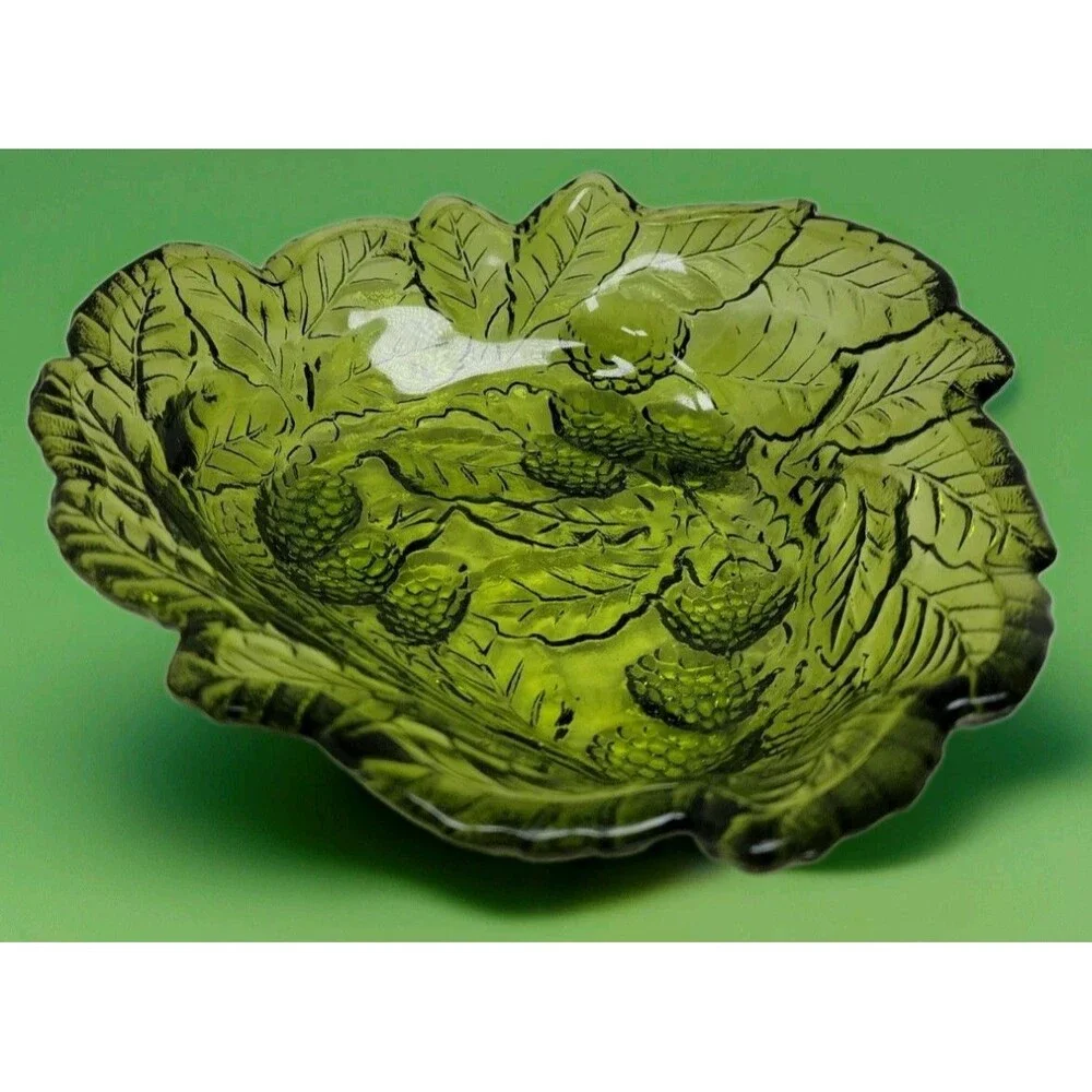 Vintage Indiana Glass Bowl Loganberry Olive Green Texture Berries Leaves Dish 7”